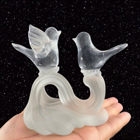 Vintage Art Glass Clear Love Bird Sculpture Figurine A Frosted Tree Branch Glass - Picture 1 of 11